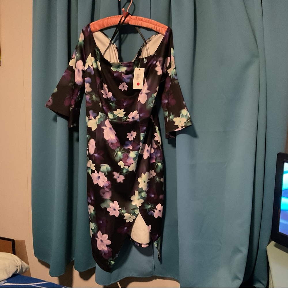 Fashion to Figure Black and Purple Floral Asymmetrical Dress